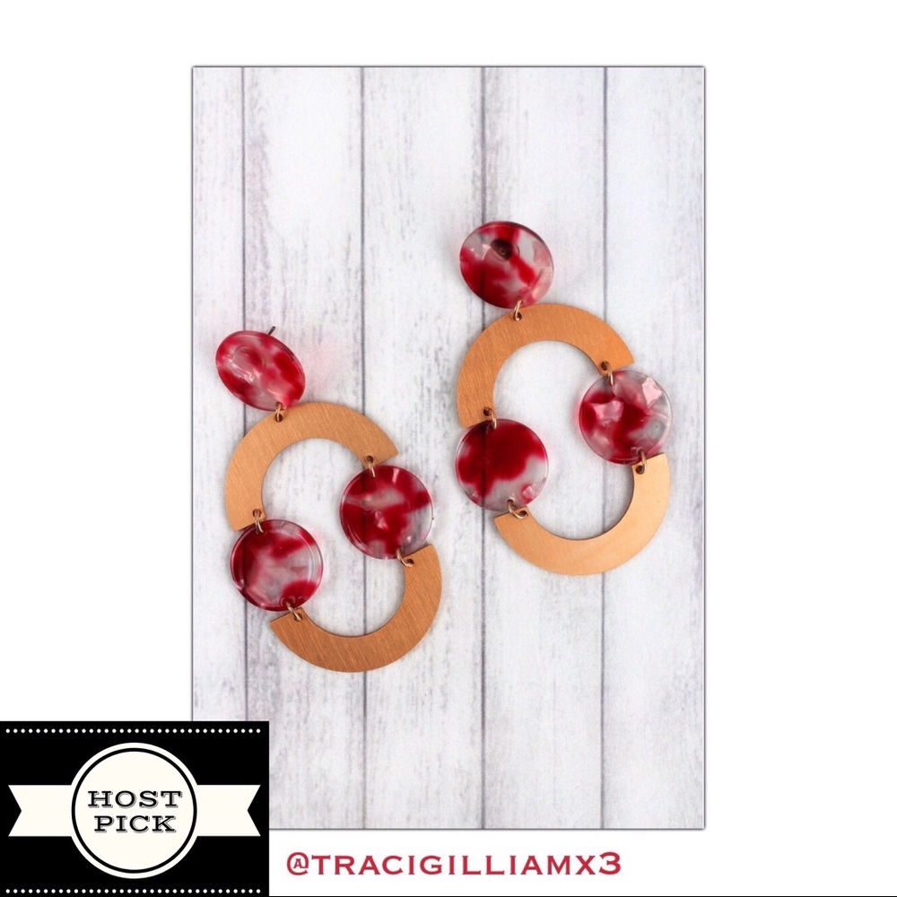 Matte Goldtone Half Moon & Marbled Disc Earrings